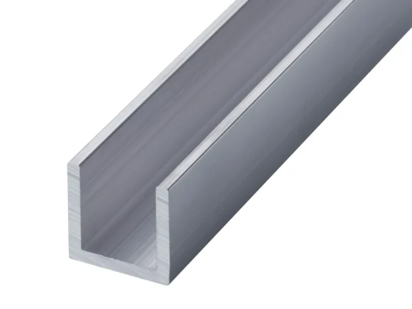 Mill finish aluminium channel profile showing the natural aluminium surface and open U-shaped section