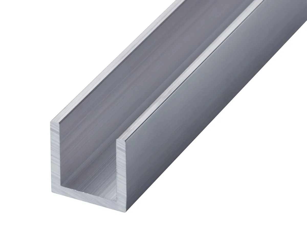 Mill finish aluminium channel profile showing the natural aluminium surface and open U-shaped section