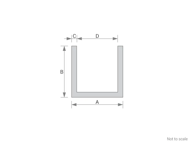Aluminium channel dimensions guide showing width, height, wall thickness and internal gap measurements