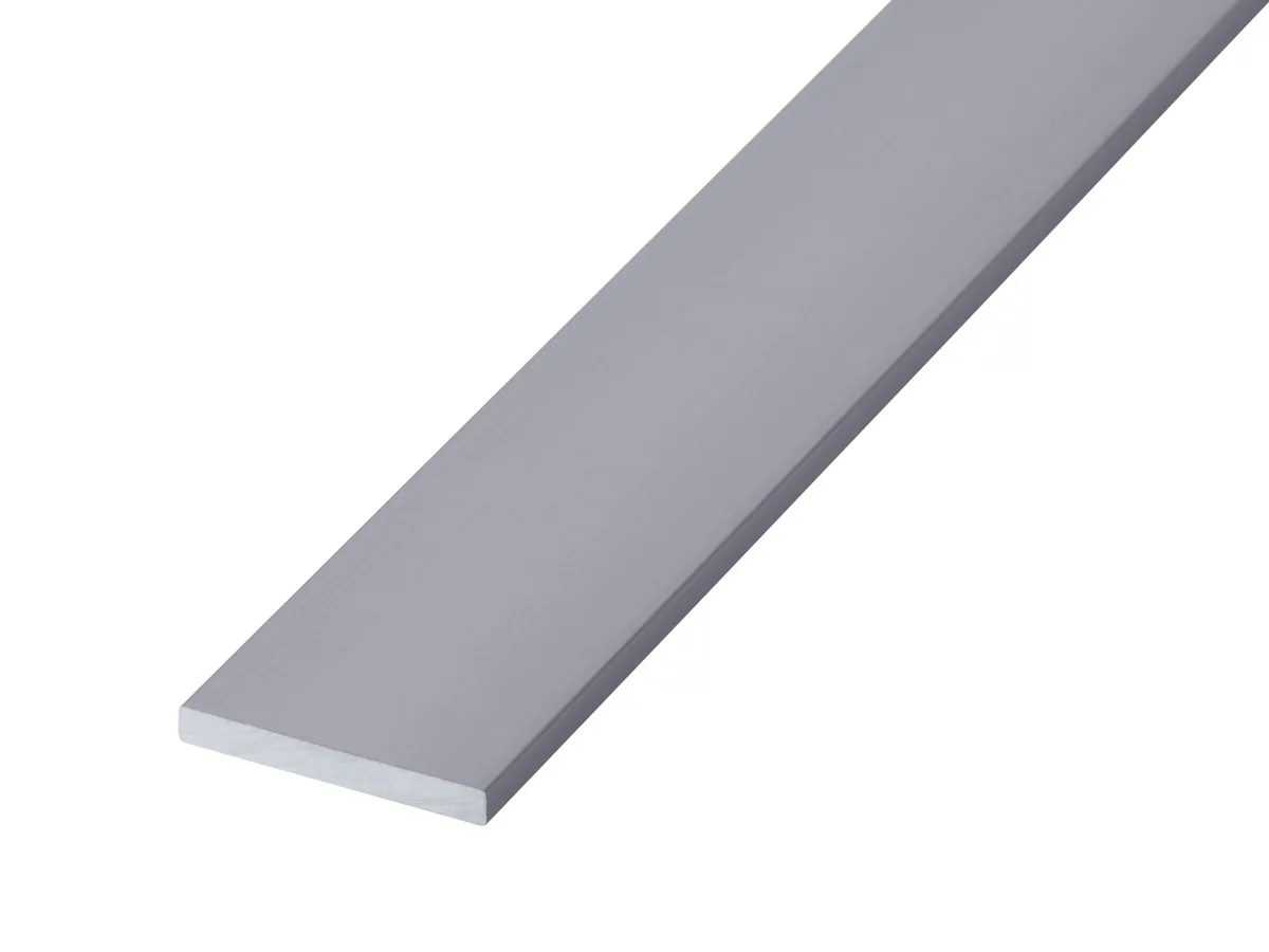 Anodised aluminium flat bar showing a smooth silver finish and rectangular profile