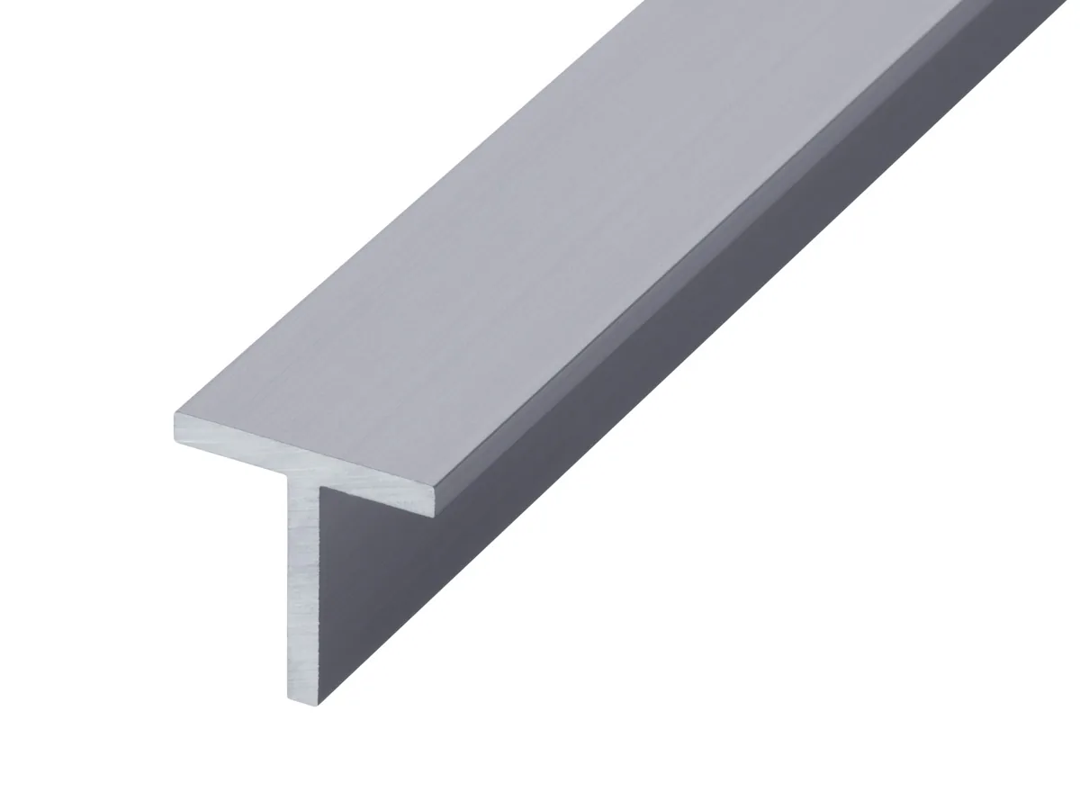 Anodised aluminium tee section showing a smooth silver finish and T-shaped profile