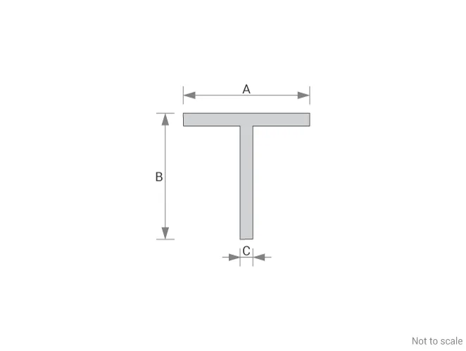 Aluminium tee section dimensions guide showing top width, overall height and stem thickness