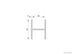 GA 1002 aluminium H-section trim technical drawing showing 20mm gap and 32mm profile depth