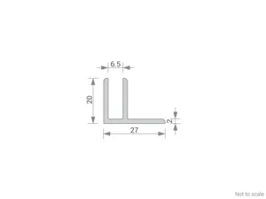 GA 1006 aluminium channel dimensions diagram showing 27mm base width, 20mm height, 6.5mm internal channel gap and 2mm thickness
