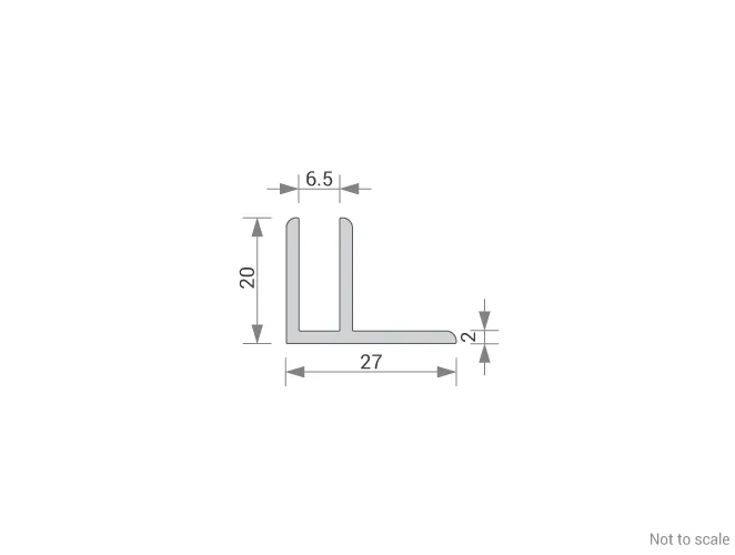 GA 1006 aluminium channel dimensions diagram showing 27mm base width, 20mm height, 6.5mm internal channel gap and 2mm thickness