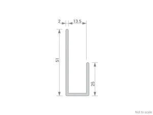 GA 1013 aluminium channel dimensions diagram showing 51mm tall side, 25mm short side, 13.5mm internal gap and 2mm wall thickness