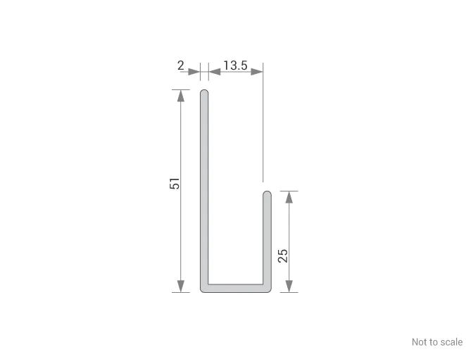 GA 1013 aluminium channel dimensions diagram showing 51mm tall side, 25mm short side, 13.5mm internal gap and 2mm wall thickness