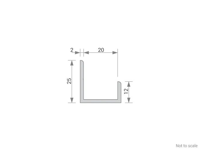 GA 1017 aluminium channel dimensions diagram showing 25mm tall side, 12mm short side, 20mm internal gap and 2mm wall thickness