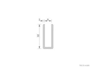 GA 1025 aluminium channel dimensions diagram showing 32mm height, 9mm internal gap and 2mm wall thickness