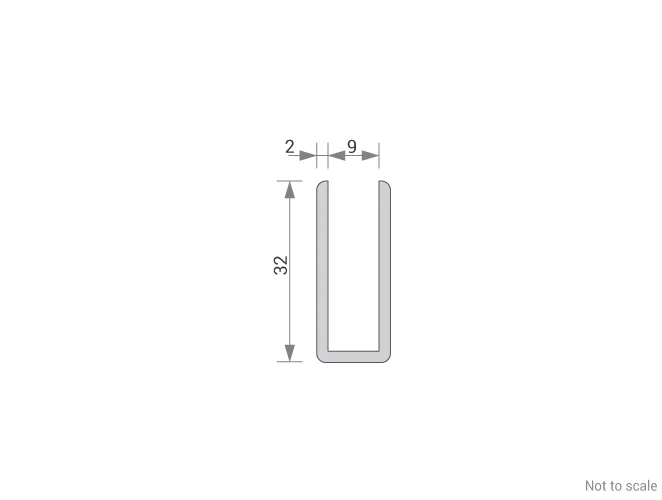 GA 1025 aluminium channel dimensions diagram showing 32mm height, 9mm internal gap and 2mm wall thickness