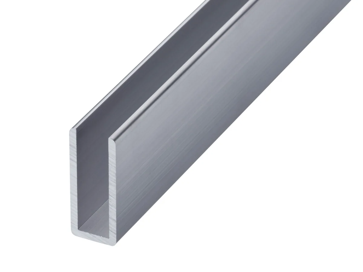 GA 1025 mill finish aluminium channel profile showing the natural aluminium surface and narrow U-shaped section