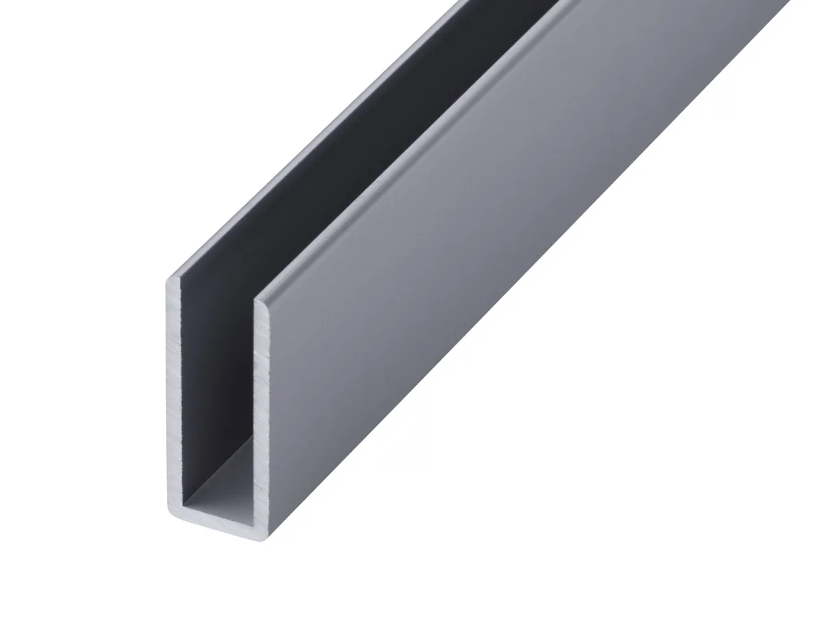 GA 1025S anodised aluminium channel profile showing a smooth silver finish and narrow U-shaped section