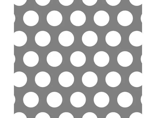 Perforated aluminium sheet with round holes, 31.7mm hole size, 44% open area and staggered pitch