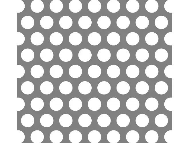 Perforated aluminium sheet with round holes, 22.2mm hole size, 44% open area and staggered pitch