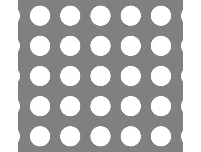 Perforated aluminium sheet with round holes, 31.7mm hole size, 35% open area and square pitch